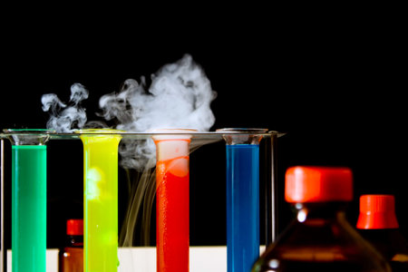 laboratory scene with test tubes, filled with colorful liquids, steaming