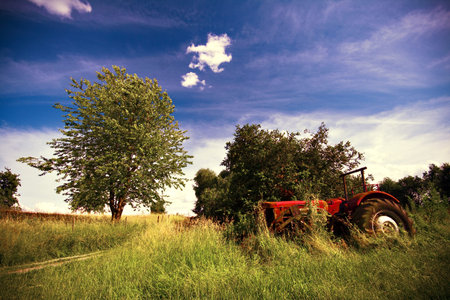 Stainless red trek on deserted yardの写真素材