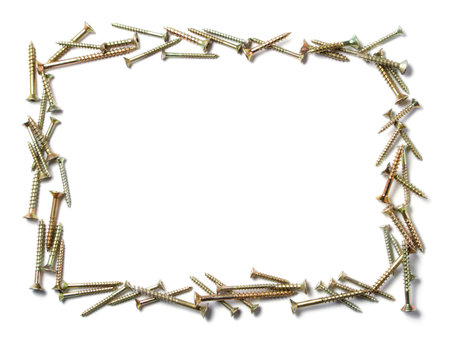 decorative frame made out of different wood screws, isolated on white with space for textの写真素材
