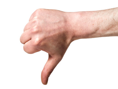 male caucasian right hand holding thumb down, isolated on white