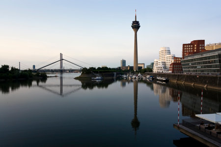 dusseldorf mediaharbor, rhine tower, marina and bridge in the eveningのeditorial素材
