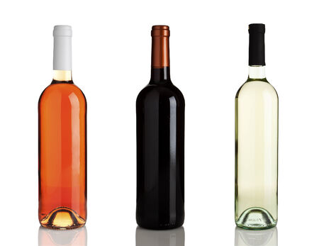 rose wine, red wine, white wine bottles without labels isolated on whiteの写真素材
