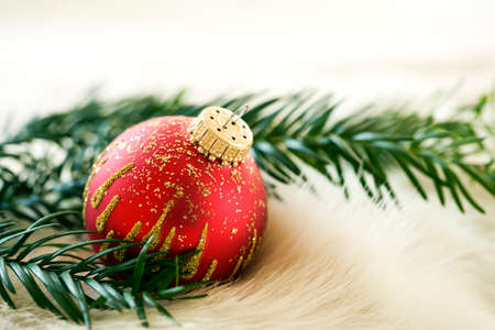 red christmas bauble and fir branch on fur, shallow depth of fieldの写真素材