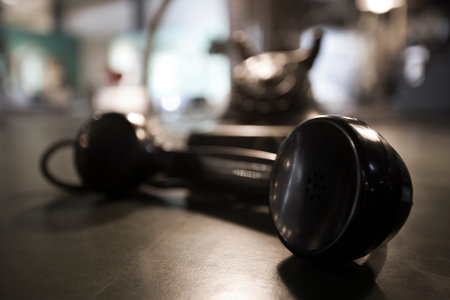 vintage telephone on bureau desk, handset taken of the hook, muted colors, shallow depth of fieldの写真素材