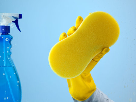 hand with yellow rubber glove and sponge cleaning outside of window, view from the insideの写真素材