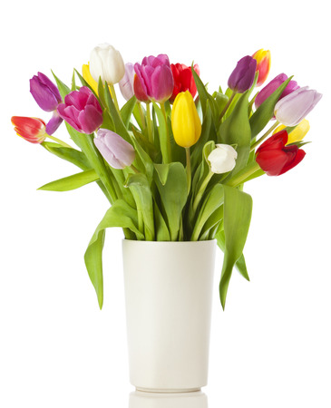 Multicolored tulips in a vase, isolated on white backgroundの写真素材