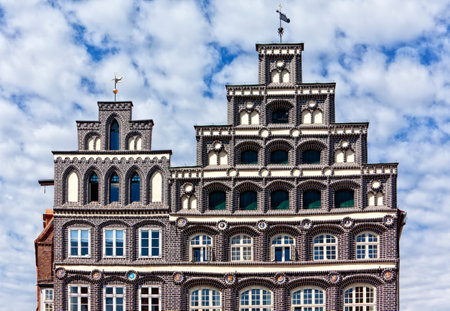 Ornate gables of the historic chamber of commerce at Luneburg, Lower Saxonyのeditorial素材