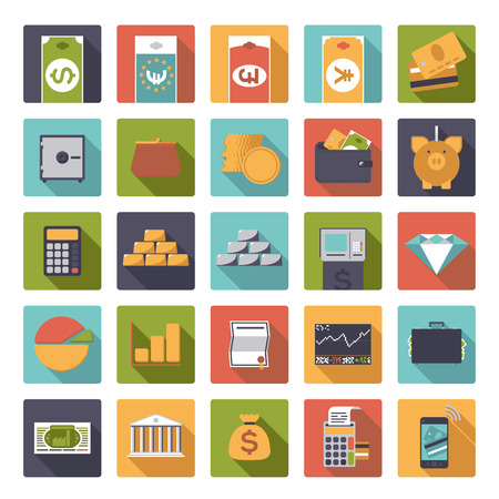 Set of 25 money and finance related icons in rounded squares, flat designのイラスト素材