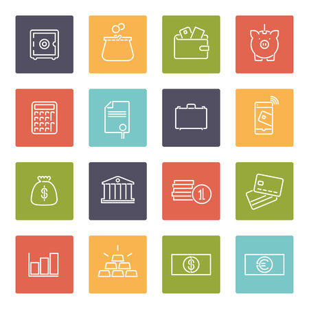 Set of 16 money and finance related line icons in colored squaresのイラスト素材