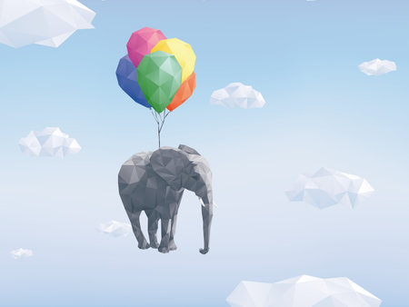Low Poly Elephant attached to balloons flying through cloudy skyのイラスト素材