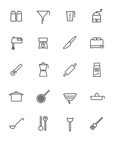 Set of 20 kitchen and cooking related black line iconsのイラスト素材