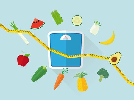 Flat design diet concept with scales, fruit and vegetables iconsのイラスト素材
