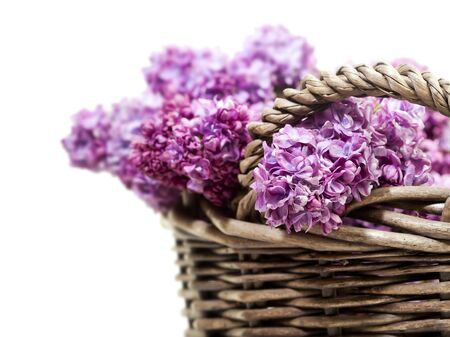 Closeup of lilac blossoms in wicker basketの写真素材