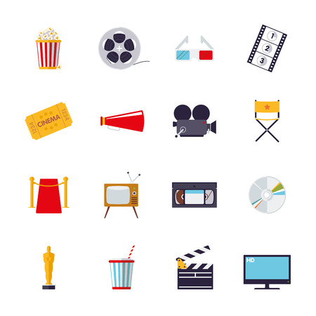Collection of 16 flat design cinema and movie themed iconsのイラスト素材