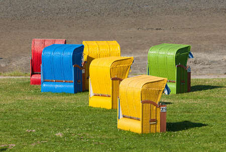Colorful beach chairs at the german North Sea coastの写真素材