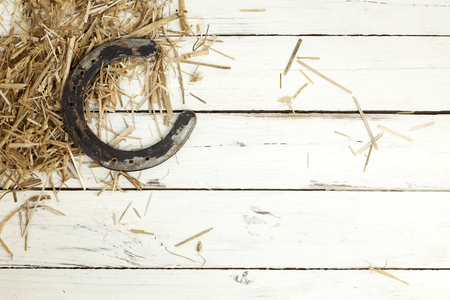 old horseshoe and dry straw on white painted rustic wooden backgroundの写真素材