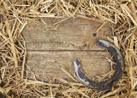 Frame of hay with old horseshoe on rustic wooden backgroundの写真素材