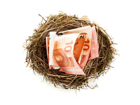 Bunch of european currency bills in bird nest on white backgroundの写真素材