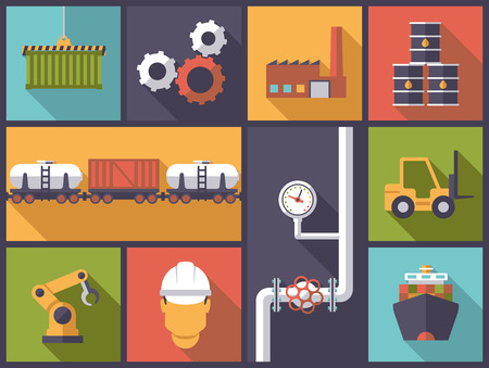 Horizontal flat design illustration with industry symbolsのイラスト素材
