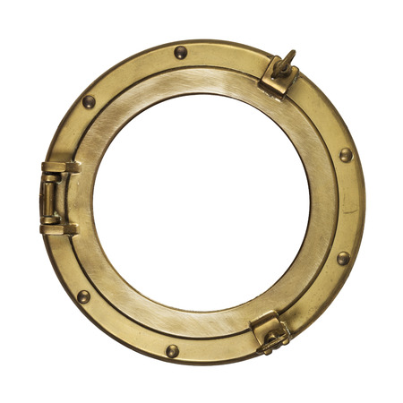 Vintage brass porthole isolated with clipping path on white backgroundの写真素材