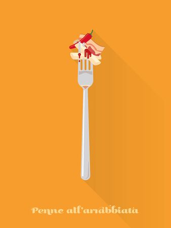 penne arrabbiata with chili pepper on a fork flat design long shadow vector illustrationのイラスト素材