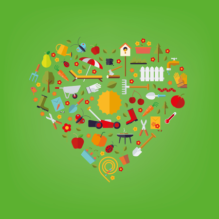 Flat design gardening joy concept - garden symbols arranged in heart shapeのイラスト素材