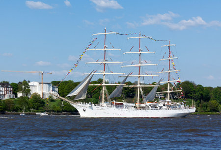 Polish tall ship Dar Mlodziezy on the Elbe river during the departure parade of 827th Hamburg Port...