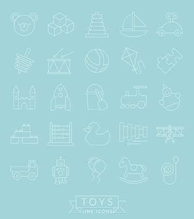 Set of 25 childrens toys icons, thin line designのイラスト素材