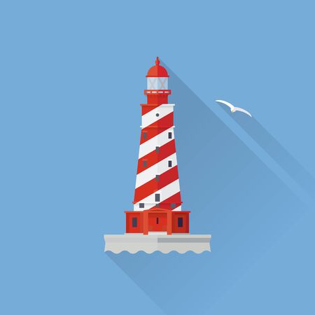 Flat design long shadow White Shoal lighthouse icon on blue backgroundのイラスト素材