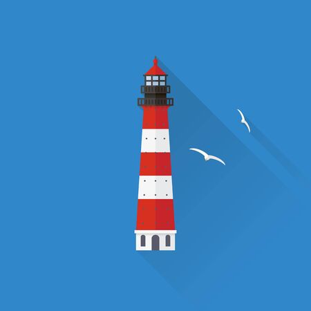 Flat design long shadow lighthouse icon on blue backgroundのイラスト素材