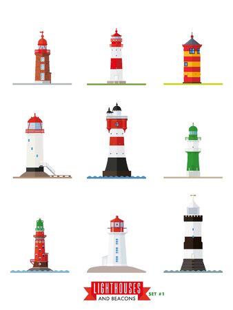 Set 1 of flat design lighthouses and beacons vector icons. Collection. 1のイラスト素材
