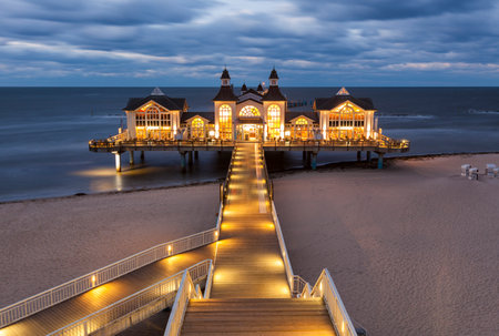 Night shot of the famous wooden pier at Sellin, Rugiaのeditorial素材