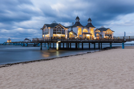 Illuminated pier of Sellin, Ruegen, at night. Long exposure.のeditorial素材