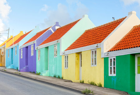 multicolored row homes at Willemstad, Curacaoの写真素材