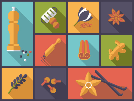 Horizontal flat design long shadow illustration with spices symbolsのイラスト素材