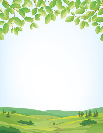 Background for springtime, border of leaves at top, idyllic landscape at bottom, large copy spaceのイラスト素材