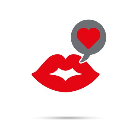 Kiss Icon for Valentines Day. Chat bubble with red heart coming from female lips.のイラスト素材
