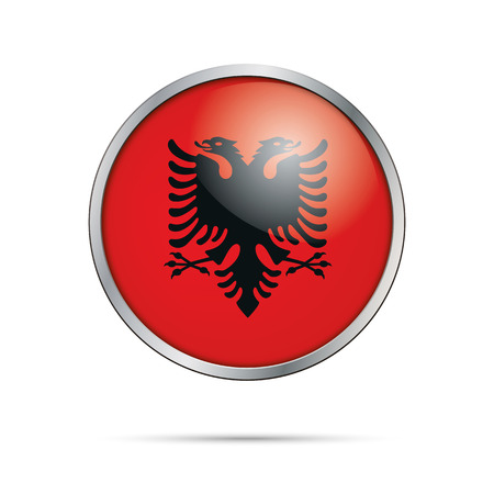 Vector Albanian flag button. Albania flag glass button style with metal frame.のイラスト素材