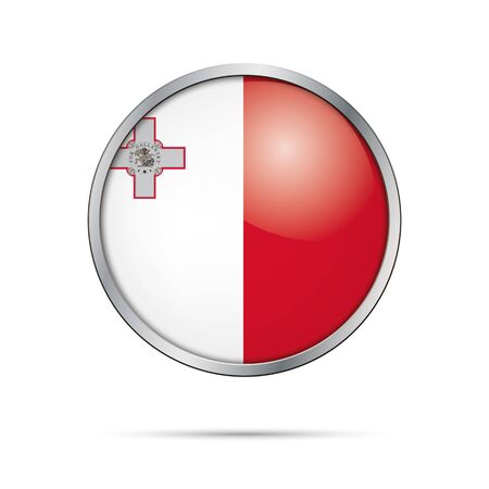 Vector Maltese flag button. Malta flag glass button style with metal frame.のイラスト素材