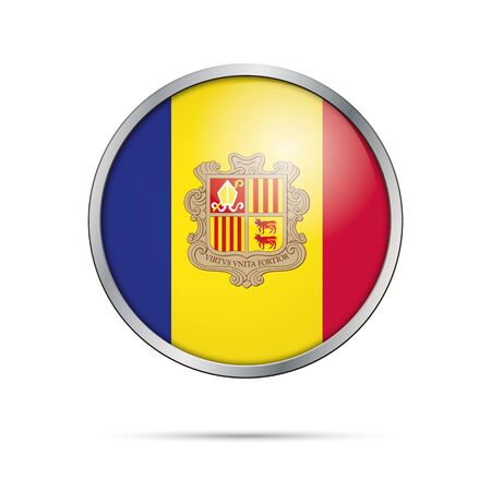 Vector Andorran flag button. Andorra flag glass button style with metal frame.のイラスト素材