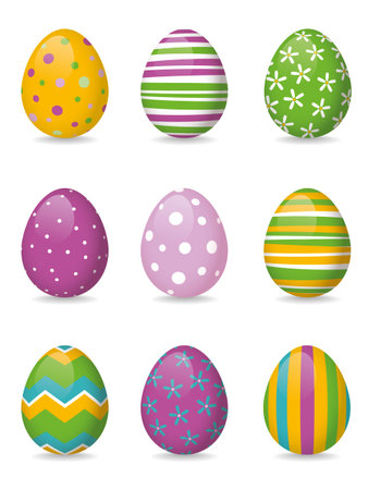 Set of nine vibrant glossy colorful easter eggs with different patternsのイラスト素材