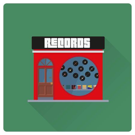 flat design long shadow record shop building vector illustrationのイラスト素材