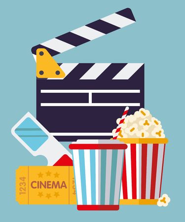 Cinema Symbols - clapper, ticket, goggles, softdrink and popcorn flat design illustrationのイラスト素材