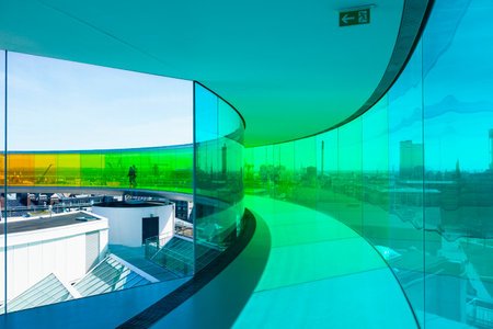 Aarhus, Denmark - May 2, 2017: Visitors inside installation by Danish-Icelandic artist Olafur Eliasson on top of ARoS art museumのeditorial素材