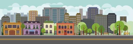 Vector illustration of cityscape with park. Flat design houses and trees at main street.のイラスト素材