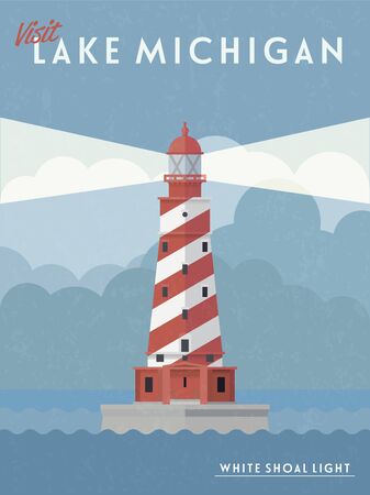 Retro poster artwork with White Shoal Light, Lake MIchiganのイラスト素材