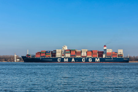Stade, Germany - December 18, 2017: Container ship CMA CGM TANYA on river Elbe. CMA CGM SA is headquartered at Marseille.のeditorial素材