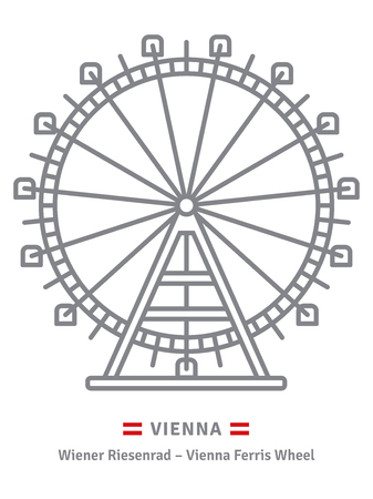 Austria line icon. Prater ferris wheel at Vienna and Austrian flag vector illustration.のイラスト素材