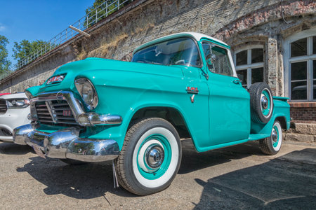 Stade, Germany - July 8, 2018: A 1957 vintage GMC 100 pickup truck at 5th Summertime Drive US car meeting.のeditorial素材