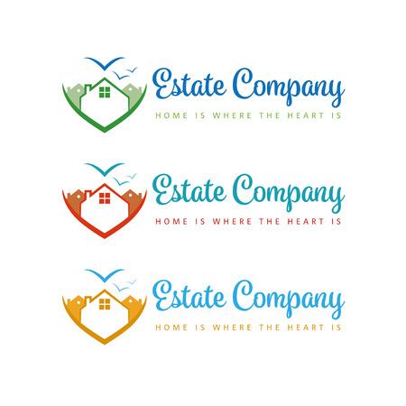 Heart-shaped Real Estate Company Vector  Template. Female style, with seagulls and homes.のイラスト素材
